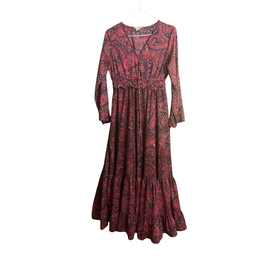 Boemo  Paisley Tiered Maxi Dress Long Sleeve Smocked Waist Womens Petite Medium